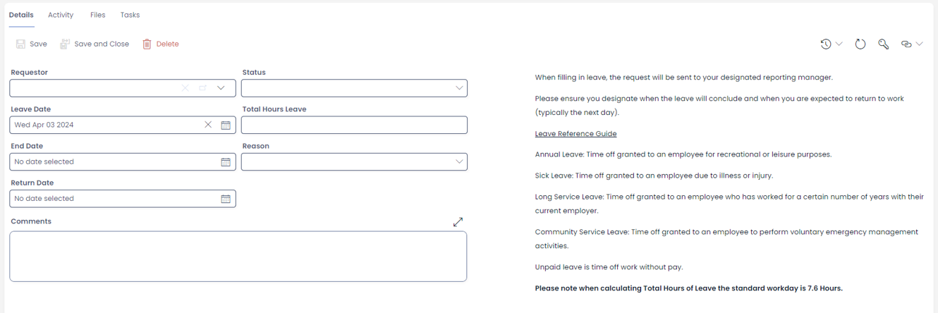 Example documentation on a leave form page